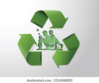 Recycle and environment  with green recycle logo and family,Paper cut art style.