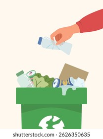 Recycle, Environmental care and clean environment, hand holding plastic water bottles and throw to trash concept.