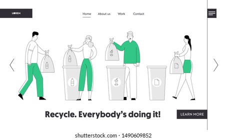 Recycle Environmental Pollution Problem Website Landing Page. People Throw Garbage into Recycling Containers, Collecting Trash. Ecology Protection Web Page Banner. Cartoon Flat Vector Illustration