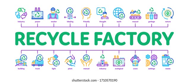 Recycle Factory Ecology Industry Minimal Infographic Web Banner Vector. Garbage Truck And Plant, Recycling Rubbish And Trash, Recycle Factory Illustrations