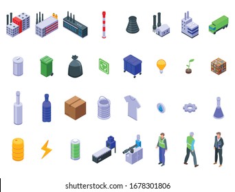 Recycle factory icons set. Isometric set of recycle factory vector icons for web design isolated on white background