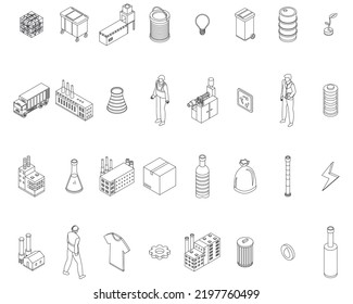 Recycle factory icons set. Isometric set of recycle factory vector icons outline thin lne isolated on white