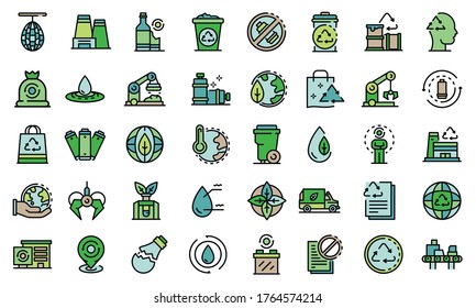 Recycle factory icons set. Outline set of recycle factory vector icons thin line color flat isolated on white