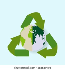 recycle flat icon around the earth, ECO concept vector illustration.green ecology concept abstract logo, environmentally friendly style, save or care the world by recycling system, clean technology 