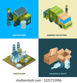 Recycle Food Concept. Waste Removal From City Disposal Services Cleaning Truck Vector Isometric Illustrations. Garbage And Waste, Trash Isometric Recycle, Recycling Dumpster