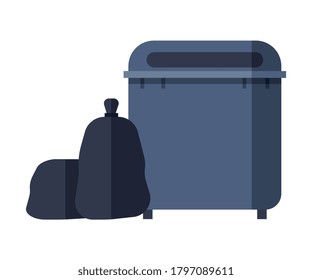 Recycle Garbage Bin and Black Plastic Bags Flat Style Vector Illustration on White Background