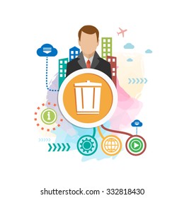 Recycle garbage can and man on abstract colorful background with different icon and elements. Trashcan flat design