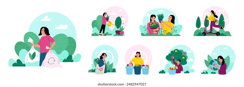 Recycle garbage. Green life. People care of Earth ecology. Waste environment. Nature ECO energy. World ecosystem. Bio power. Organic agriculture. Environmental conservation. Vector garish concepts set