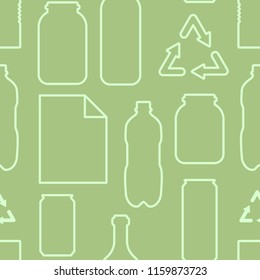Recycle garbage: plastic glass paper and metal materials ecology concept seamless pattern, vector