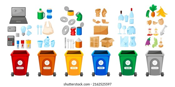 Recycle garbage. Reuse bin for separate organic, glass and plastic, paper and metal trash. Various type of rubbish falls into trash cans, ecology elements. Vector container and trash set