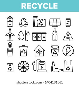 Recycle, Garbage Sorting Vector Linear Icons Set. Eco Material Recycle Outline Symbols Pack. Zero Waste, Earth Day. Nature, Environment Protection. No Air Pollution Isolated Contour Illustrations