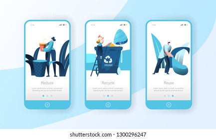 Recycle Garbage Trash Bin Mobile App Page Onboard Screen Set. People Reuse Plastic to Clean Environment. City Ecology Container Concept for Website or Web Page. Flat Cartoon Vector Illustration