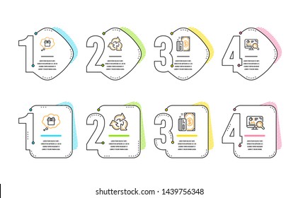 Recycle, Gift dream and Payment icons simple set. Seo analytics sign. Recycling waste, Receive a gift, Cash money. Statistics. Business set. Infographic timeline. Line recycle icon. 4 options or steps