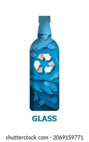 Recycle glass bottle with glass garbage and recyclable material sign, vector illustration in paper art craft style. Waste reuse and recycle. Save environment.