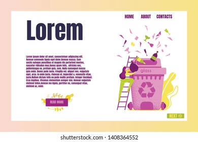 Recycle Glass Garbage Banner Vector Illustration. Small Woman Going up by Ladder to Throw Trash into Big Bin. Environmental Protection, Save Ecology Concept, Earth Day. Wasted Plastic Web Design.