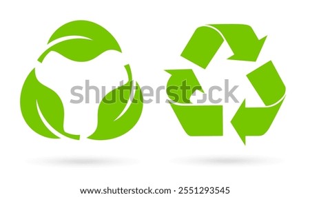 Recycle green icon, eco friendly vector circulation symbols isolated on white background. Ecological zero waste web pictograms, 100 percent guarantee of natural materials and ingredients.