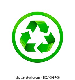 Recycle Green Icon. Round Shape Symbol, Eco Green Color, 3d Style, White Background. Vector Illustration