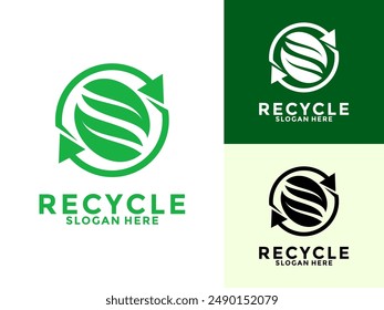 recycle with green leaf, recycling ecology logo, eco and save planet logo vector template