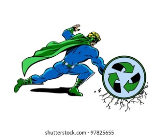 A recycle green superhero crashing his recycle shield into the ground