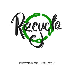 Recycle hand drawn modern brush lettering text. Vector illustration ecology concept for print, card and banner