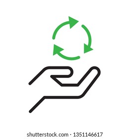 Recycle in hand. Keeping the environment clean and safe. Stroke outline style. Vector. Isolate on white background.