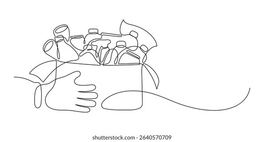 Recycle. Hands holds cardboard box full of different kind waste. Continuous line drawing. Recycling concept. 