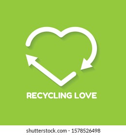 Recycle heart arrow sign.white heart with arrows and shadow.Isolated on green background