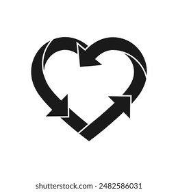 Recycle heart symbol. Green heart shape recycle icon. Reload sign. Reuse, renew, recycling materials, concept. Eco friendly concept. Love the earth. Conscious consumerism. Vector illustration.
