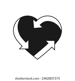 Recycle heart symbol. Green heart shape recycle icon. Reload sign. Reuse, renew, recycling materials, concept. Eco friendly concept. Love the earth. Conscious consumerism. Vector illustration.
