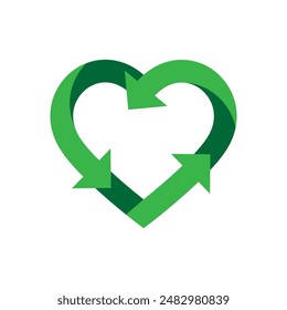 Recycle heart symbol. Green heart shape recycle icon. Reload sign. Reuse, renew, recycling materials, concept. Eco friendly concept. Love the earth. Conscious consumerism. Vector illustration.
