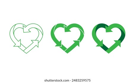 Recycle heart symbol set. Green heart shape recycle icon. Reload sign. Reuse, renew, recycling materials, concept. Eco friendly concept. Love the earth. Conscious consumerism. Vector illustration.
