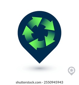 Recycle here icon. Location pin. Symbol of recycle consists of green arrows on map marker.