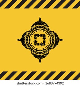 recycle icon black grunge emblem with yellow background. Vector Illustration. Detailed.