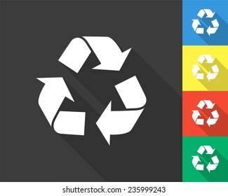 recycle icon - gray and colored (blue, yellow, red, green) vector illustration with long shadow