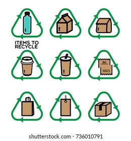 Recycle icon in green with different things that should be recycled such as food container, paper, plastic and etc.
