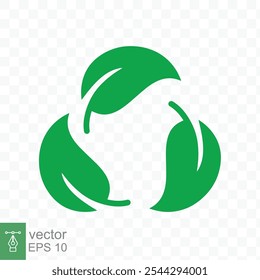 Icono de reciclaje. Logotipo verde del círculo de la hoja, símbolo plástico reciclable biodegradable del paquete libre, Plantilla respetuosa del medio ambiente del producto. Ilustración vectorial aislada sobre fondo transparente. EPS 10.