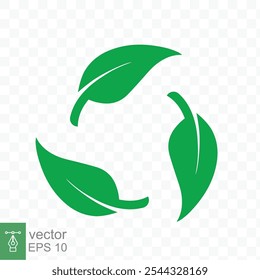 Icono de reciclaje. Logotipo verde del círculo de la hoja, símbolo plástico reciclable biodegradable del paquete libre, Plantilla respetuosa del medio ambiente del producto. Ilustración vectorial aislada sobre fondo transparente. EPS 10.