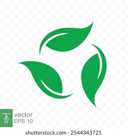 Icono de reciclaje. Logotipo verde del círculo de la hoja, símbolo plástico reciclable biodegradable del paquete libre, Plantilla respetuosa del medio ambiente del producto. Ilustración vectorial aislada sobre fondo transparente. EPS 10.