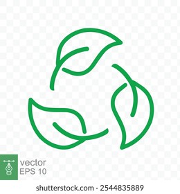 Icono de reciclaje. Logotipo verde del círculo de la hoja, símbolo plástico reciclable biodegradable del paquete libre, Plantilla respetuosa del medio ambiente del producto. Ilustración vectorial aislada sobre fondo transparente. EPS 10.