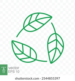 Icono de reciclaje. Logotipo verde del círculo de la hoja, símbolo plástico reciclable biodegradable del paquete libre, Plantilla respetuosa del medio ambiente del producto. Ilustración vectorial aislada sobre fondo transparente. EPS 10.