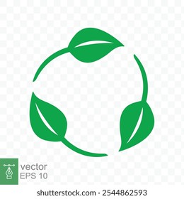 Recycle icon. Green leaf circle logo, biodegradable recyclable plastic free package symbol, eco friendly product template. Vector illustration isolated on transparent background. EPS 10.