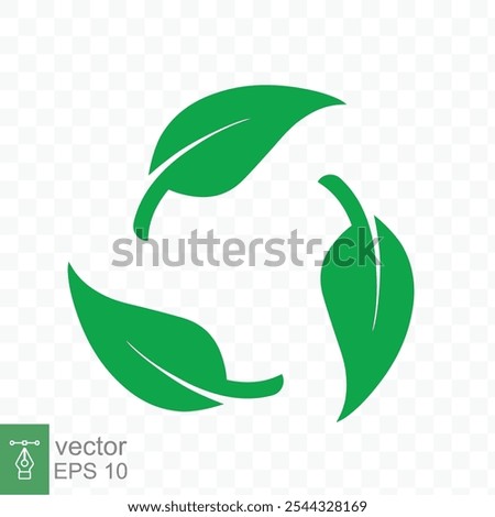 Recycle icon. Green leaf circle logo, biodegradable recyclable plastic free package symbol, eco friendly product template. Vector illustration isolated on transparent background. EPS 10.