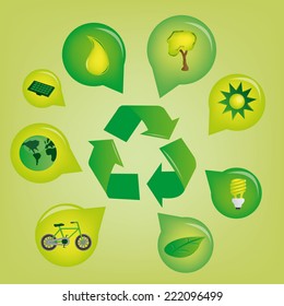 a recycle icon with a group of icons on a green background