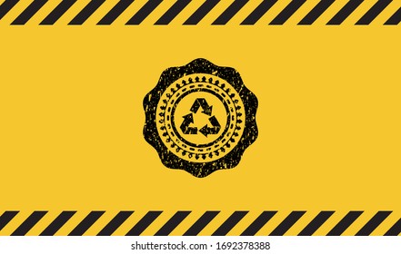 recycle icon grunge black emblem with yellow background, warning sign. Vector Illustration. Detailed.