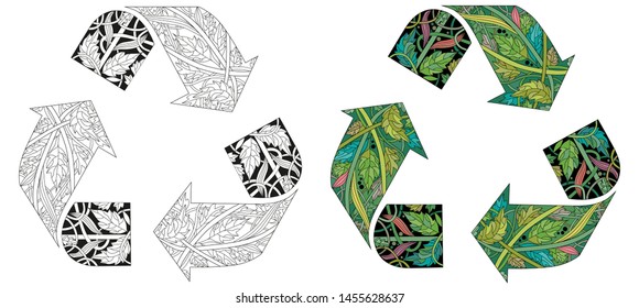 Recycle icon illustration for coloring. Vector decorative zentangle object. Color and outline set