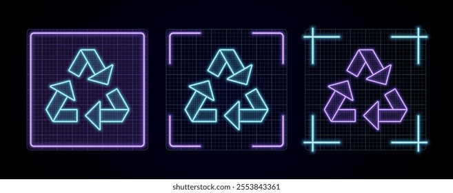 Recycle icon illustration, cyber neon visual, glowing border grid vector.
