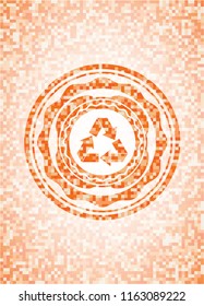 recycle icon inside abstract emblem, orange mosaic background