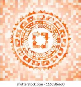 recycle icon inside abstract emblem, orange mosaic background
