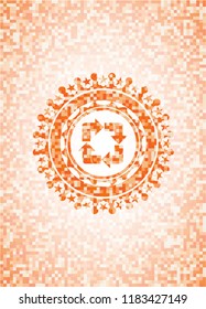 recycle icon inside abstract emblem, orange mosaic background