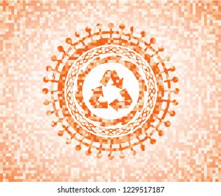 recycle icon inside abstract emblem, orange mosaic background